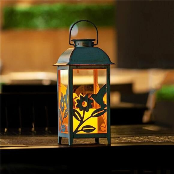 Solar Lantern Outdoor Hummingbird Blue Decor Antique Metal & Glass Construction - Picture 6 of 6